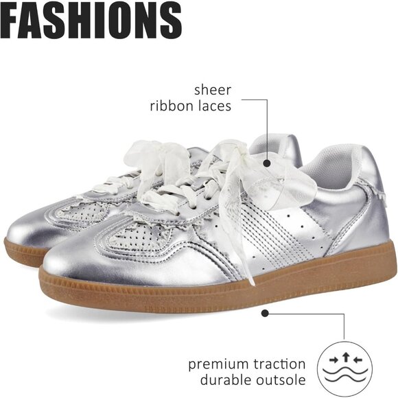 Women's Silver Casual Crochet Ribbon Ballet Trendy Cute Spring Sneakers Shoes - Picture 2 of 4